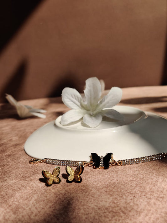 Butterfly Jewelry Set – Gold Earrings & Black Butterfly Bracelet