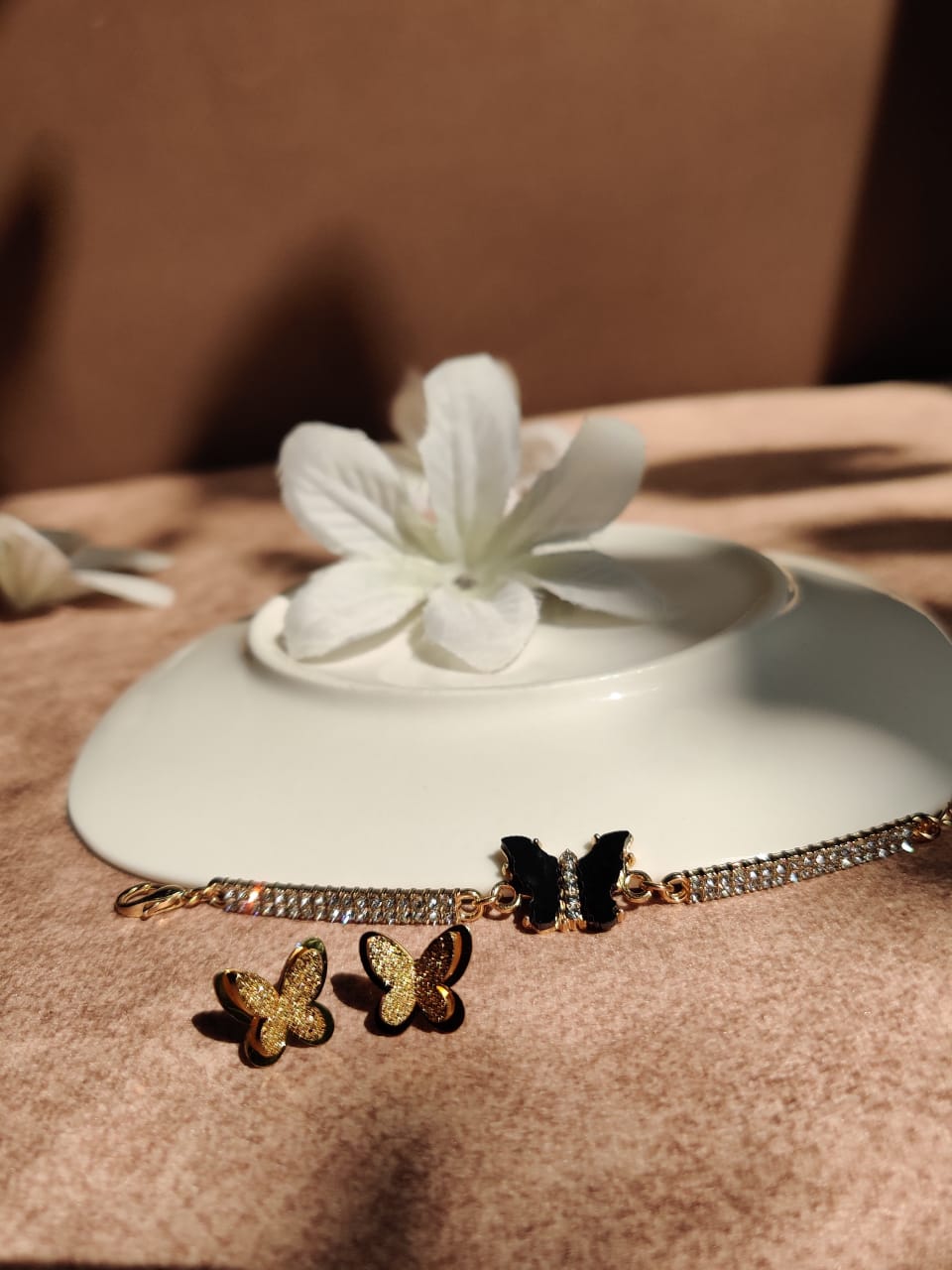 Butterfly Jewelry Set – Gold Earrings & Black Butterfly Bracelet