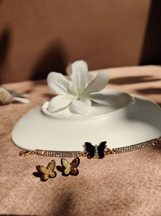Butterfly Jewelry Set – Gold Earrings & Black Butterfly Bracelet